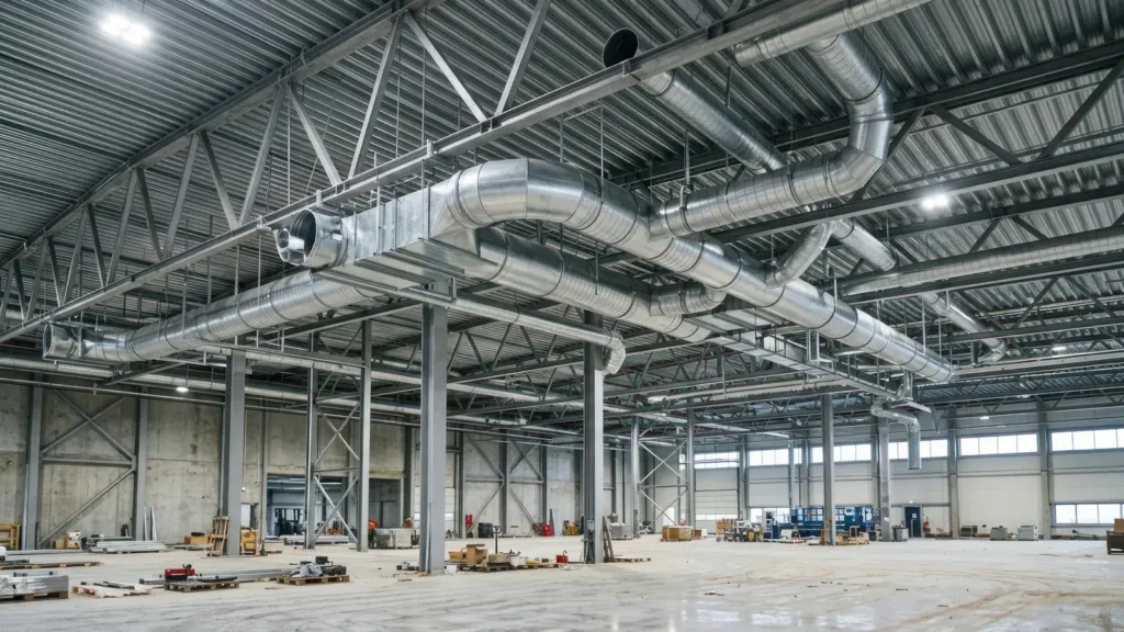 Conductos de ventilación de chapa galvanizada instalados en el techo de una nave industrial