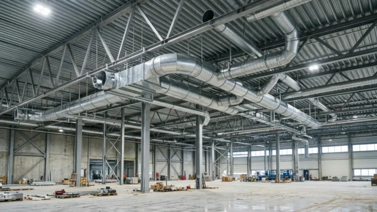 Conductos de ventilación de chapa galvanizada instalados en el techo de una nave industrial