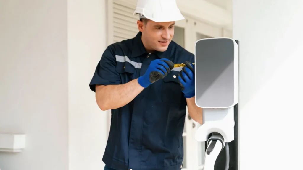 Electricista instalando un cargador de coche eléctrico en la pared de una vivienda