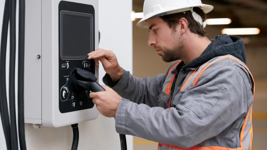 Técnico revisando un punto de recarga de coche eléctrico durante el mantenimiento