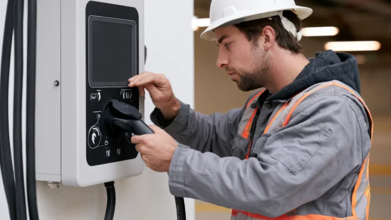 Técnico revisando un punto de recarga de coche eléctrico durante el mantenimiento