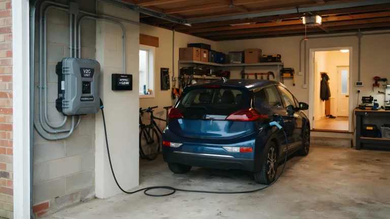 Coche eléctrico cargando en un punto de recarga instalado en el garaje de una vivienda